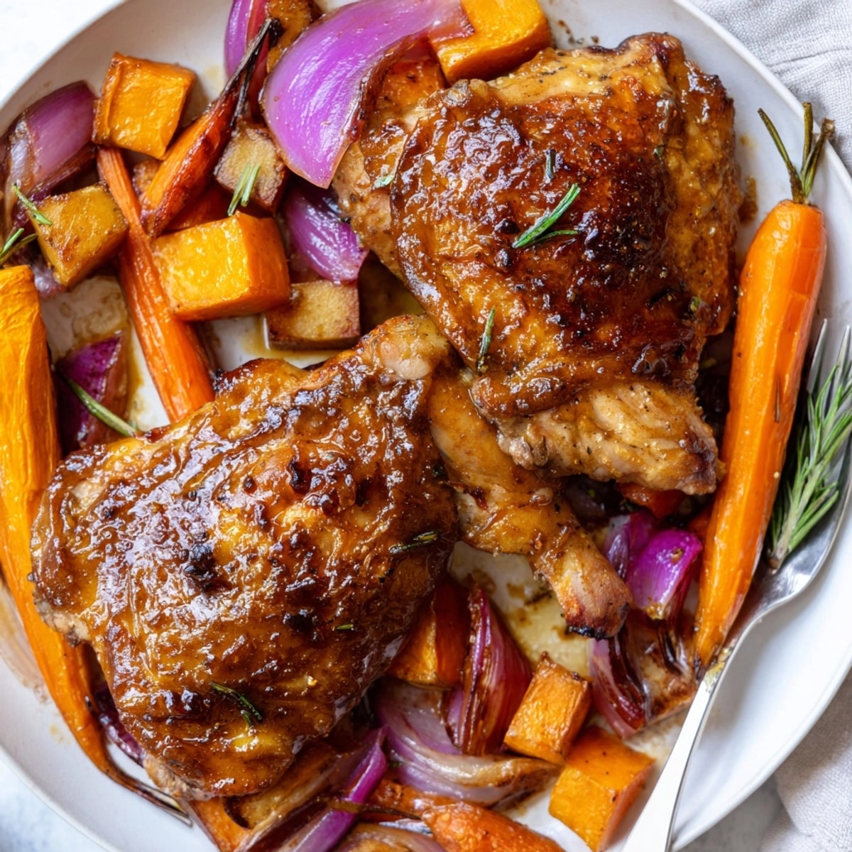 Golden Honey-Glazed Chicken with Roasted Root Vegetables: a rustic, warm, and inviting dinner scene.