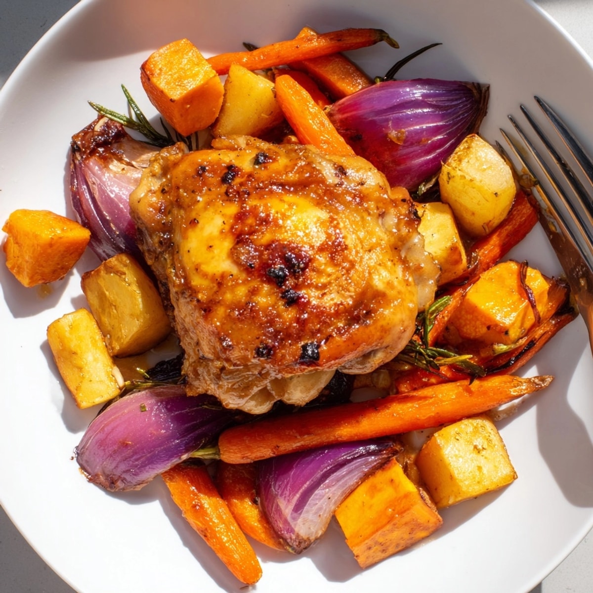 Enjoy juicy Honey-Glazed Chicken with colorful roasted root vegetables, an easy weeknight recipe.