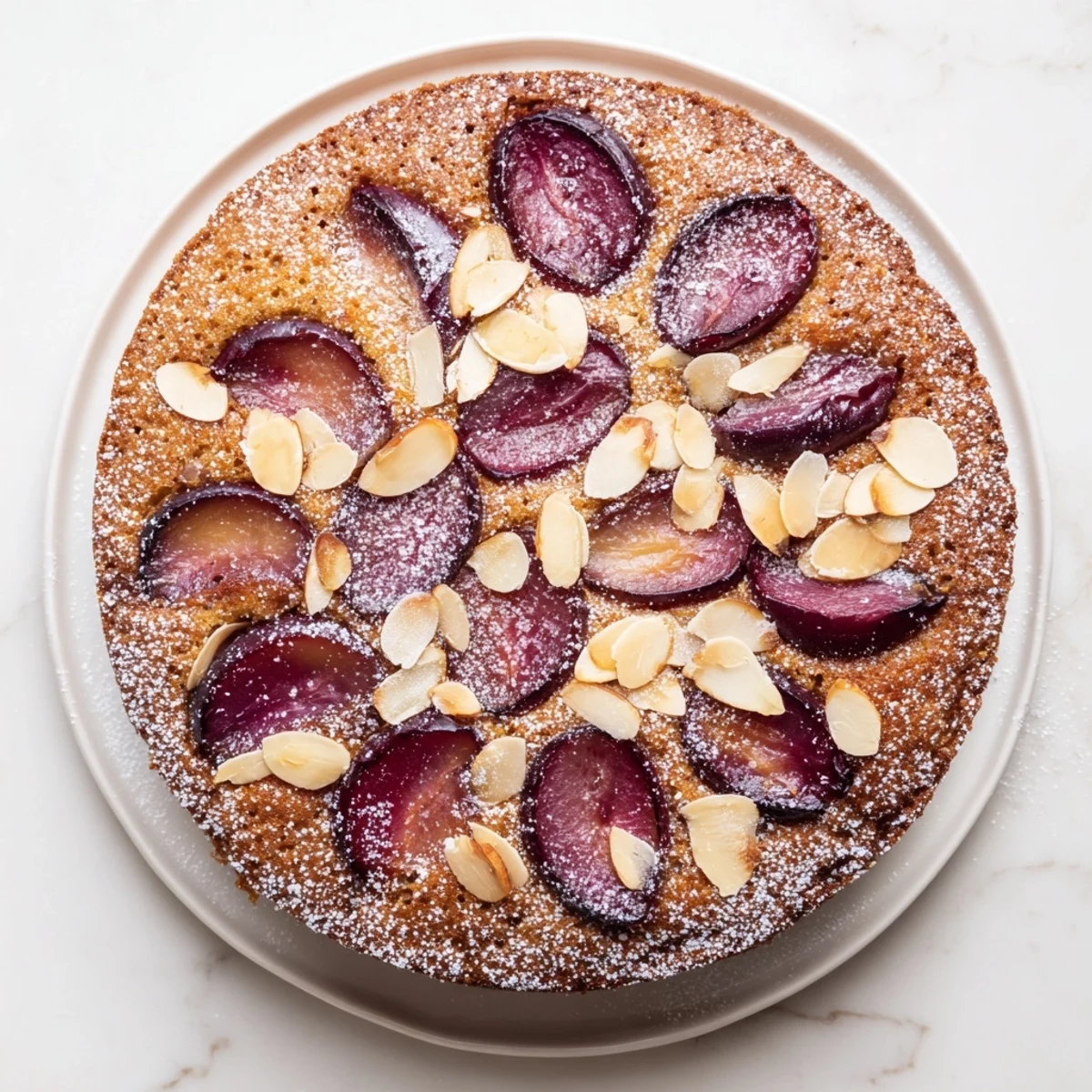 Fluffy soft sweet Plum-Infused Almond Cake, topped with juicy plums and toasted almonds, ready to eat.