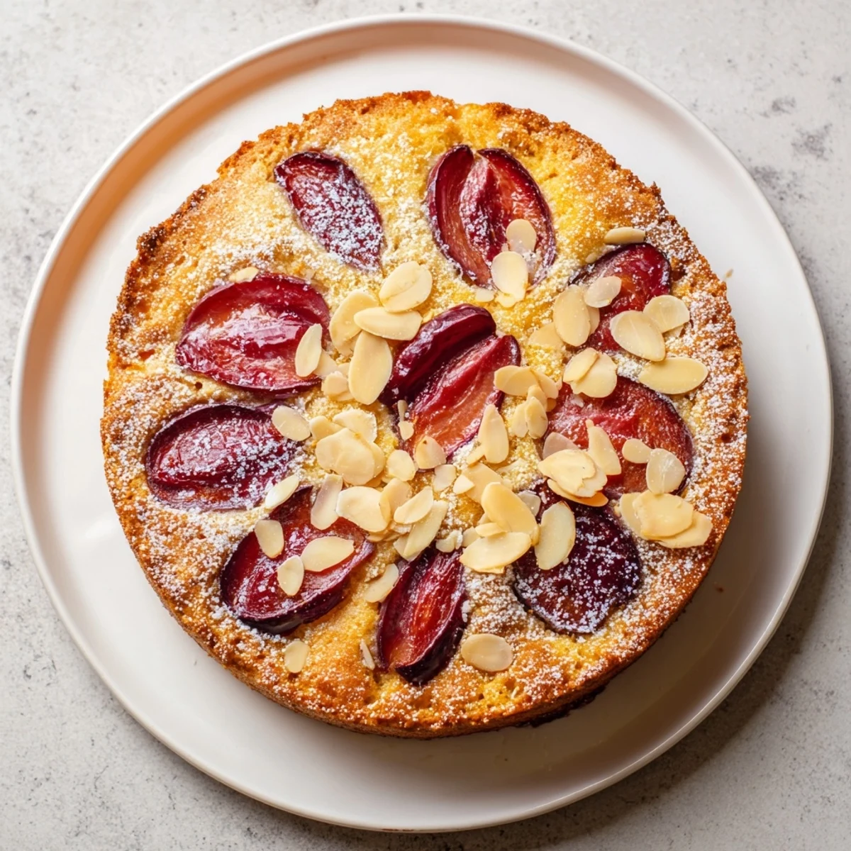 Golden-brown Plum-Infused Almond Cake, a delicious dessert with a tender crumb and vanilla scent.