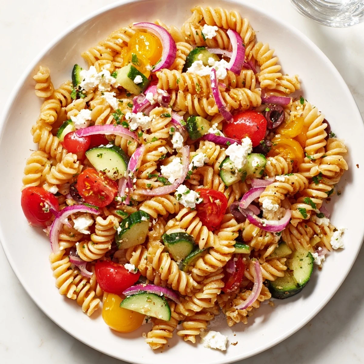 Mediterranean Olive Oil and Feta Pasta Salad, a colorful medley of fresh ingredients, looks delicious.