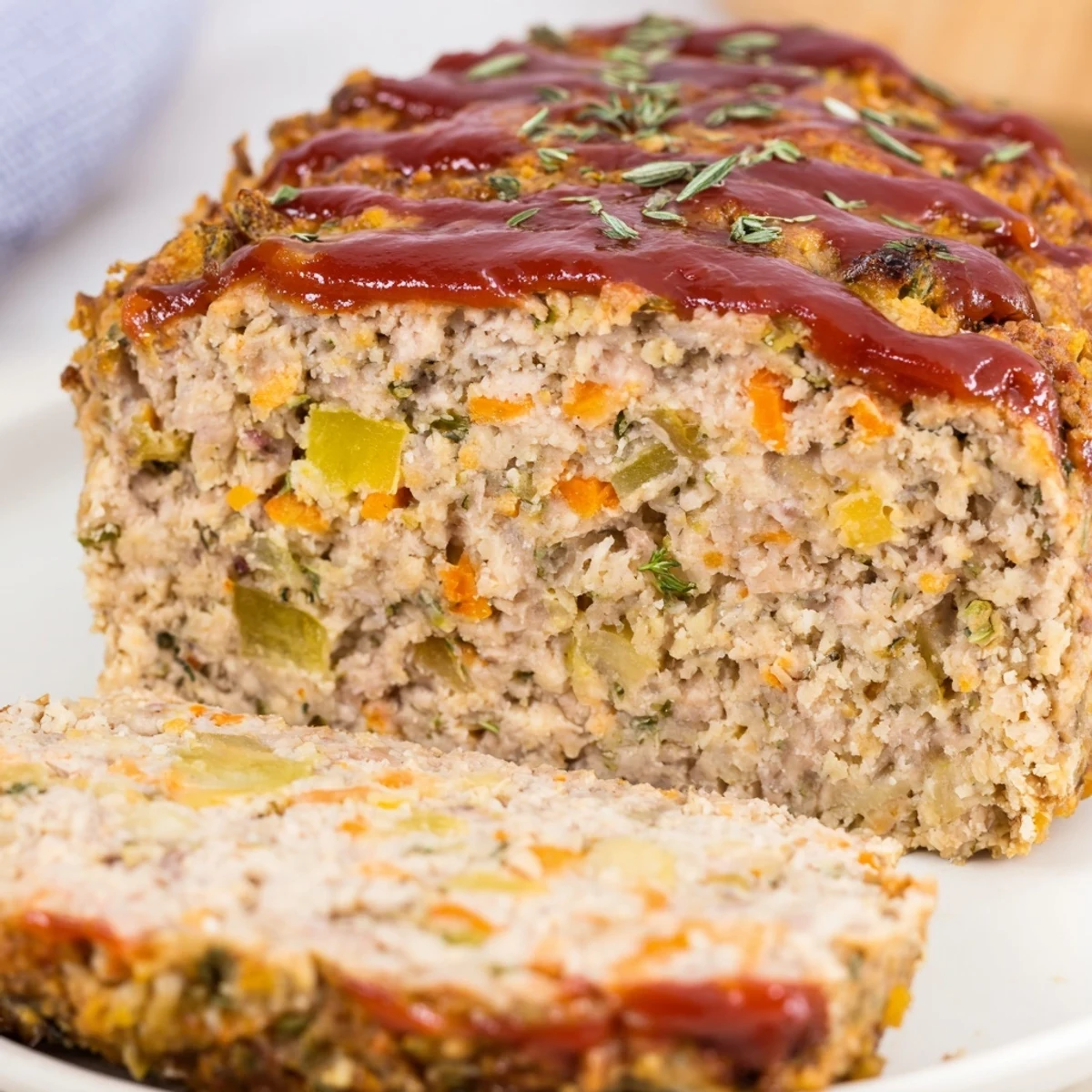 Steaming, aromatic Everyday Herb-Sprigged Turkey Meatloaf with a glistening, sweet, and tangy ketchup glaze.