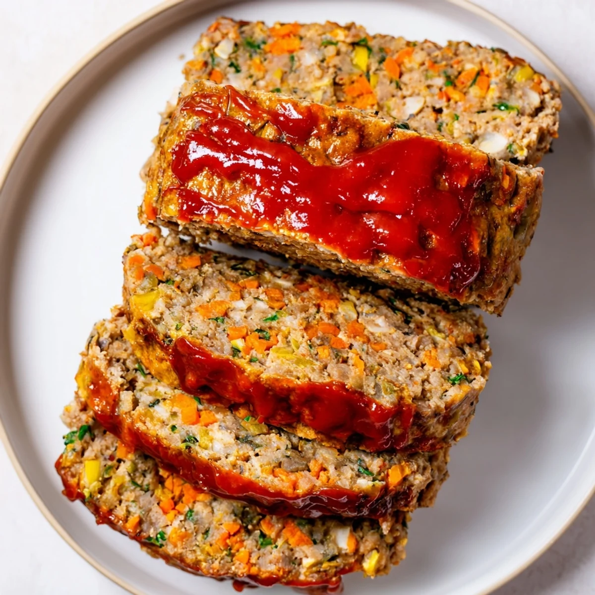 A close-up shot of the perfectly baked Everyday Herb-Sprigged Turkey Meatloaf, ready to slice and serve.
