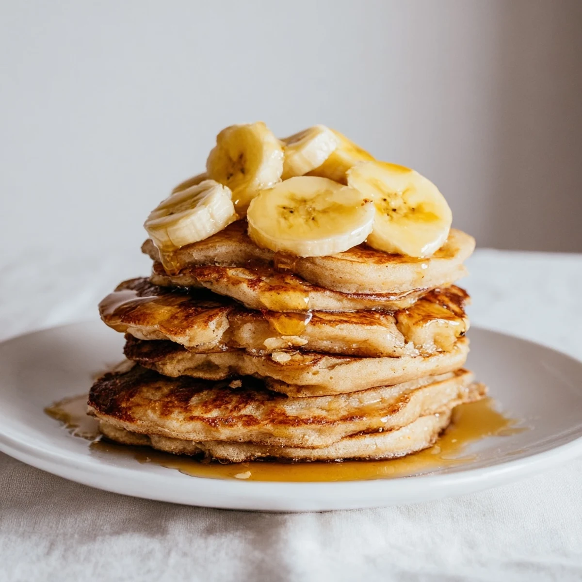 A plate of fluffy golden-brown banana pancakes, topped with sliced bananas and a sweet maple syrup drizzle.