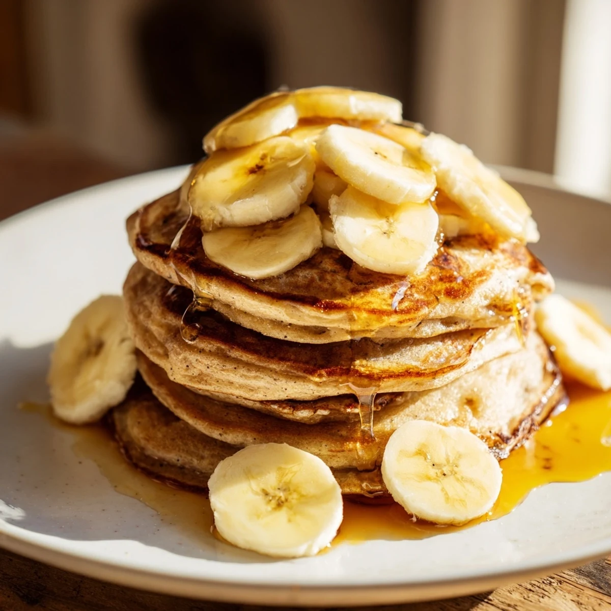 Imagine warm, soft banana pancakes, ready to eat, with a delicious maple drizzle perfect for brunch.