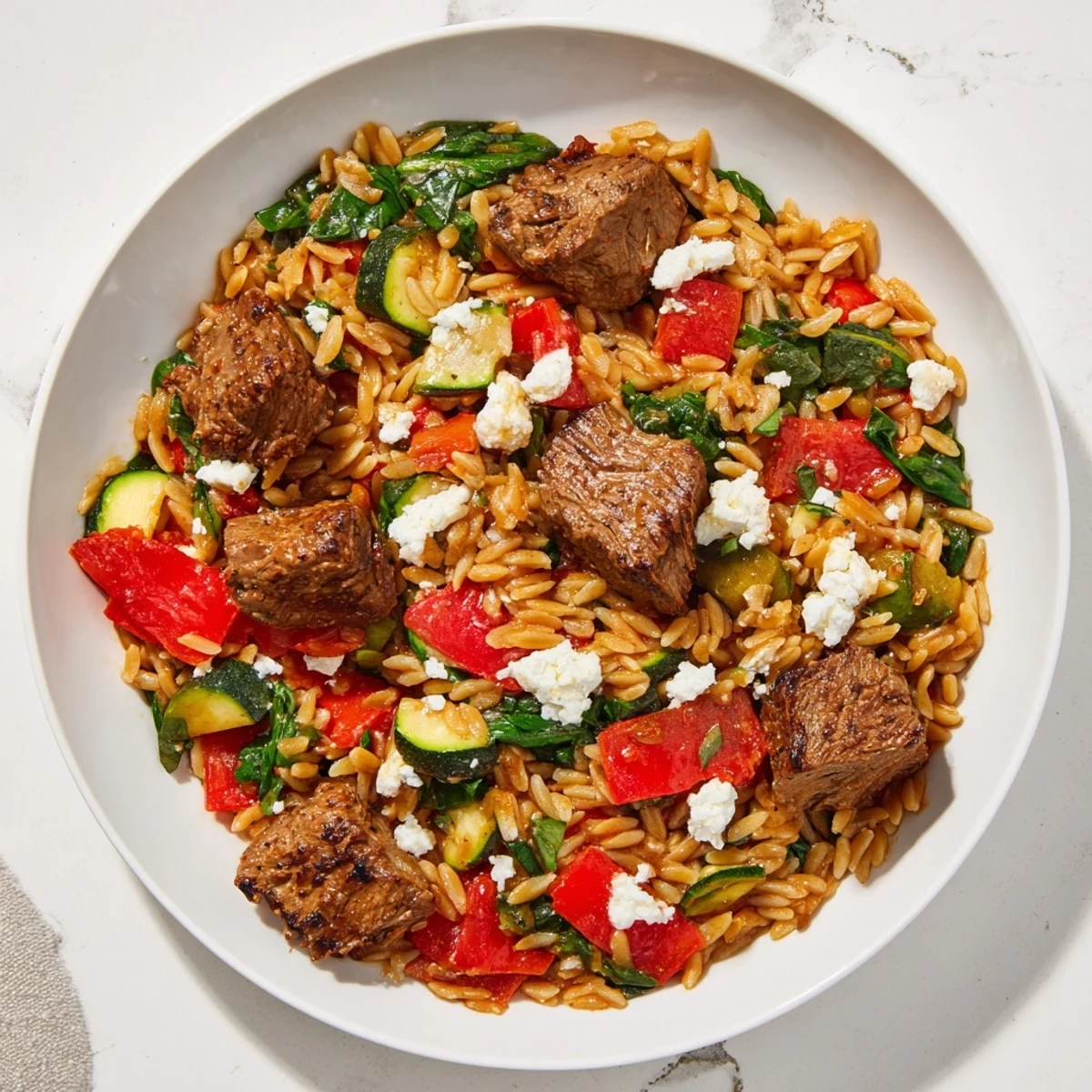 Tender lamb and orzo simmer in flavors of the Smoky Mediterranean Lamb and Orzo Supper, ready for serving.