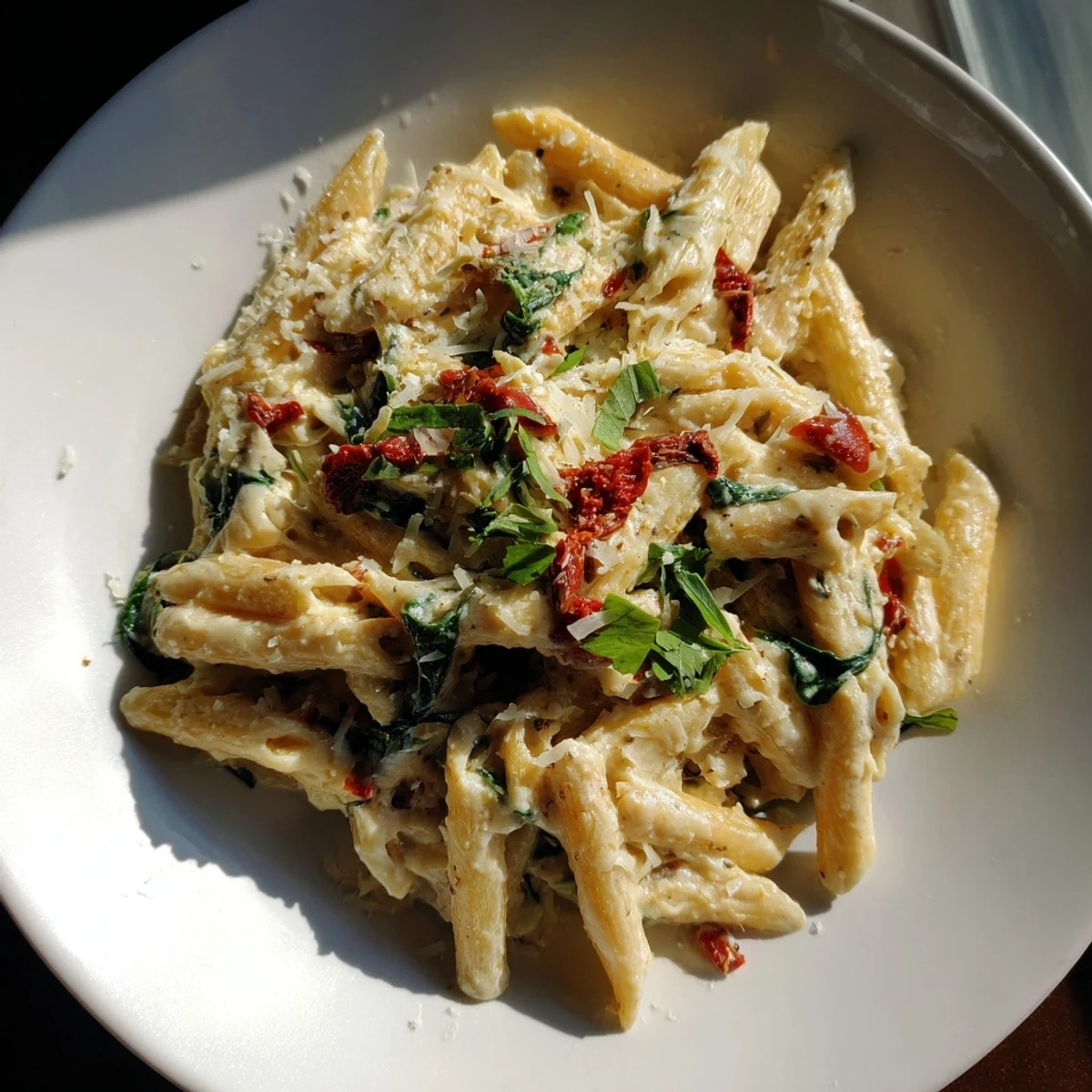 One-Pot Creamy Tuscan Garlic Herb Pasta, a rich, creamy dish topped with fresh herbs.