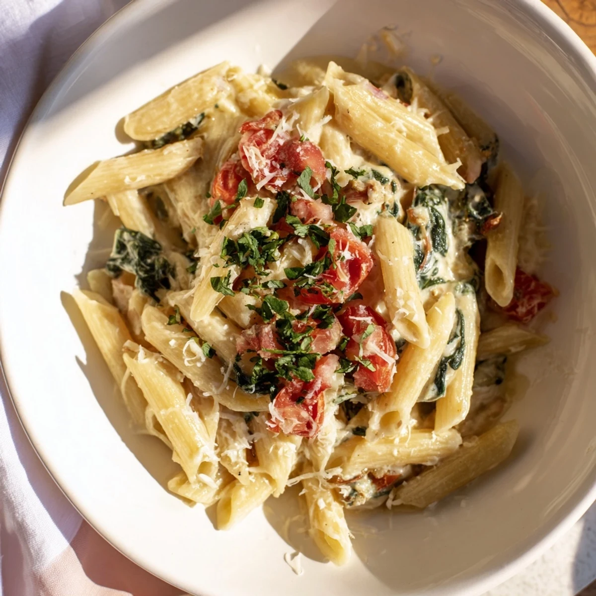 Delicious One-Pot Creamy Tuscan Garlic Herb Pasta with sun-dried tomatoes and spinach presented beautifully.