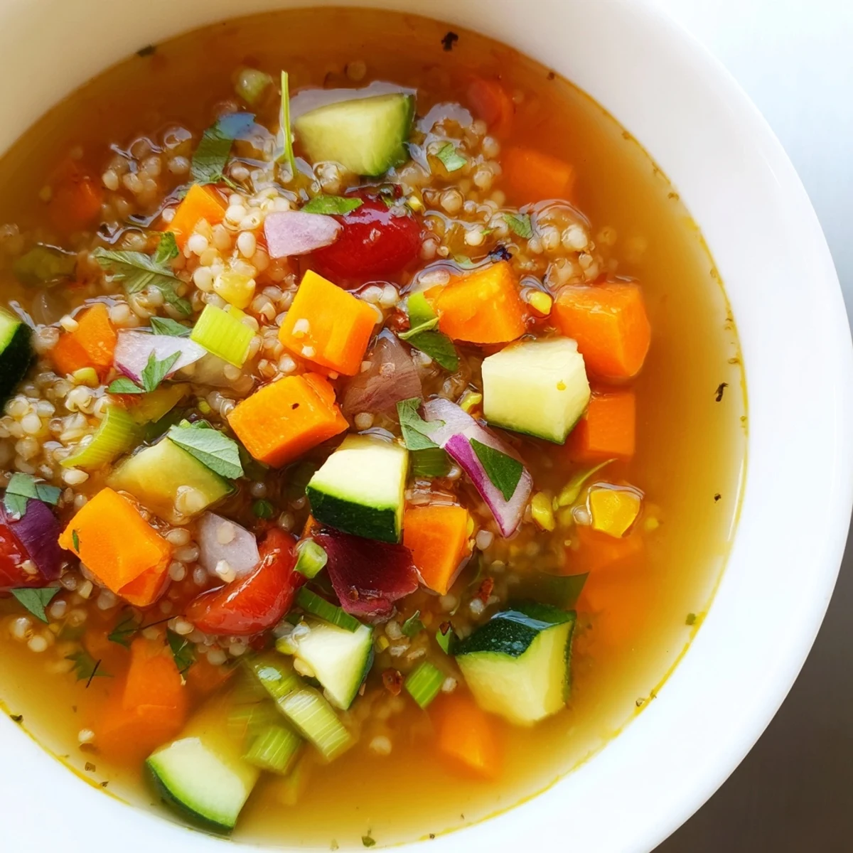 Steaming bowl of Simple Homemade Grain and Vegetable Soup, thick with barley and vibrant veggies.
