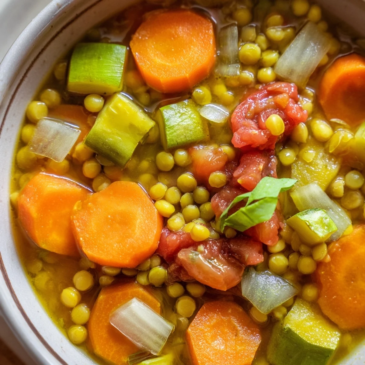 A close-up shot of a comforting Simple Homemade Grain and Vegetable Soup, ready to warm you up.