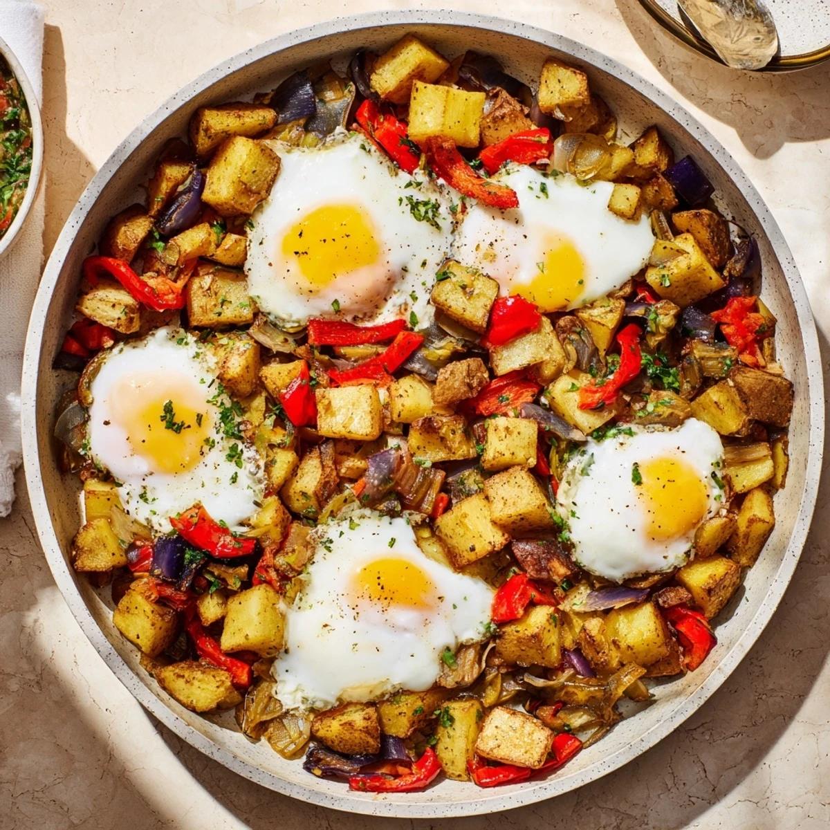 Hearty Simple Skillet Egg and Potato Hash, a one-pan meal with colorful bell peppers.