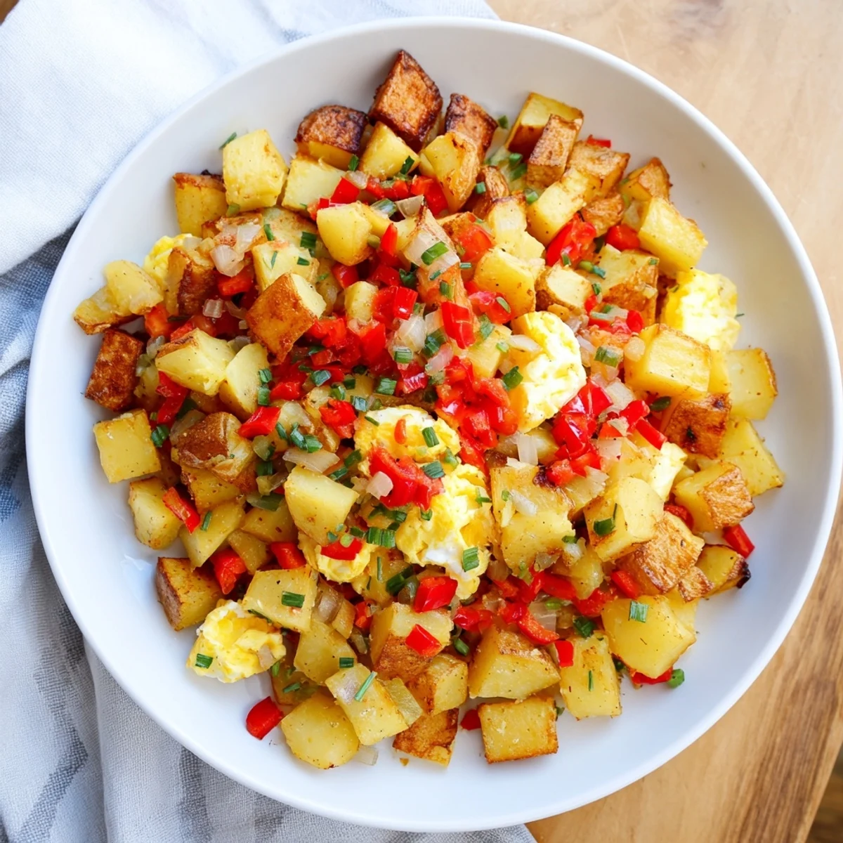 Simple Skillet Egg and Potato Hash with golden potatoes and runny yolks served hot.