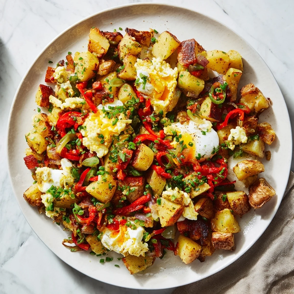 Fluffy eggs nestled in a Simple Skillet Egg and Potato Hash of roasted potatoes and herbs.