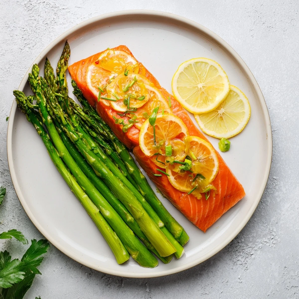 Golden-brown skillet lemon-butter salmon with tender asparagus, a fresh and delicious meal.