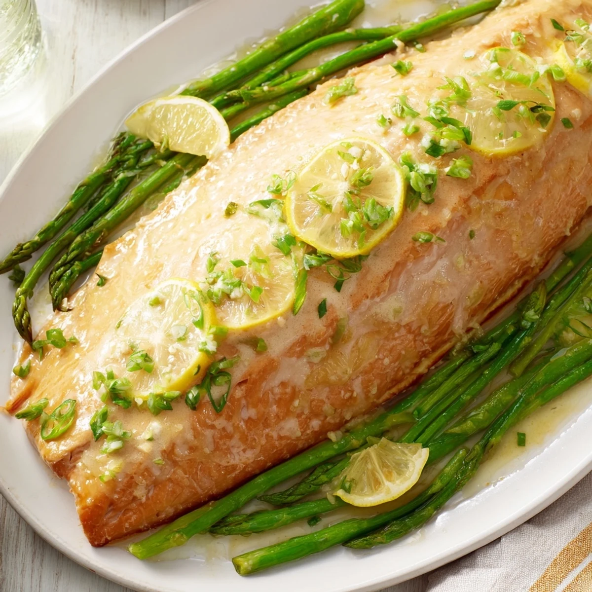 A close-up of flaky lemon-butter salmon nestled with asparagus, offering bright flavors for a meal.