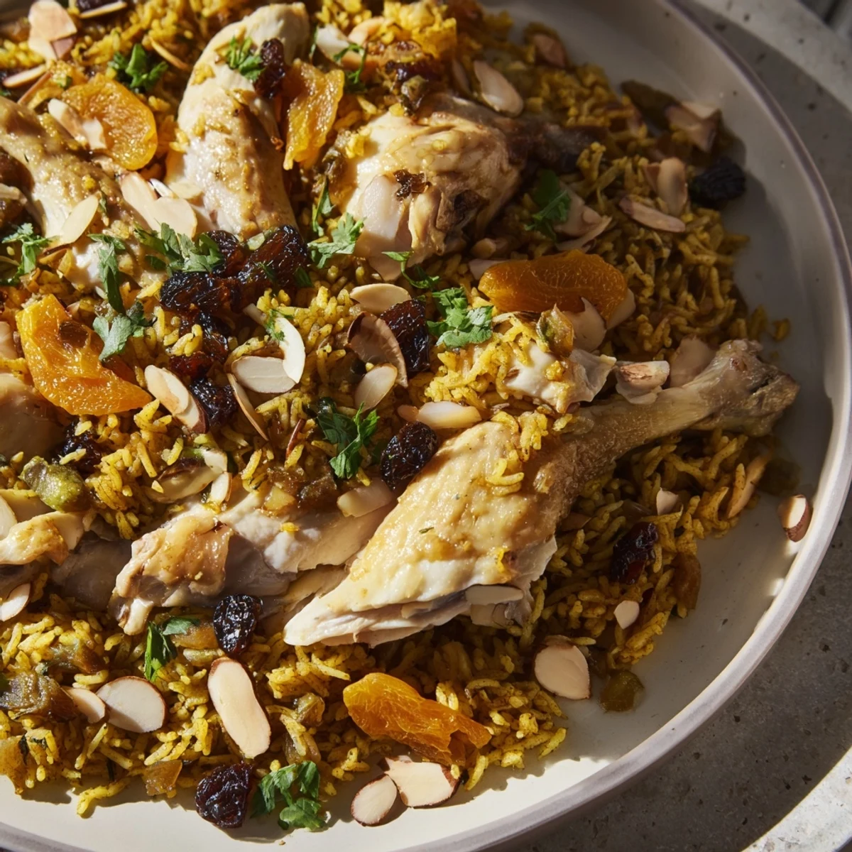 This savory Saffron Chicken and Rice Pilaf features golden rice, chicken thighs, and toasted almonds on top.