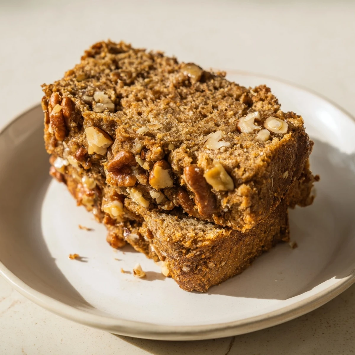 A close-up of a warm, inviting slice of Nutty Whole Wheat Loaf Bread alongside butter.