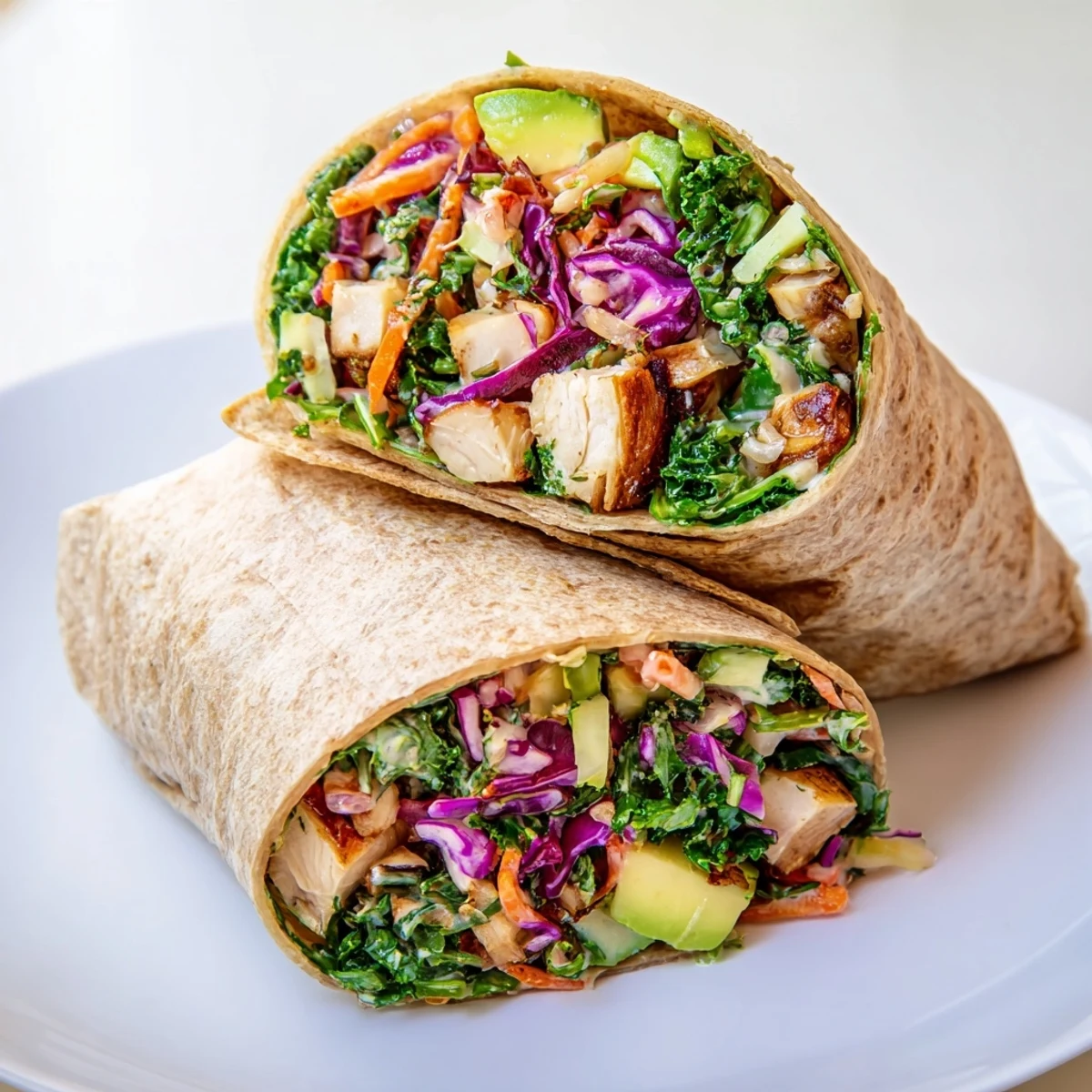 Vibrant Poppy-Inspired Chicken Salad Wraps with crisp veggies and a creamy dressing, ready to eat.