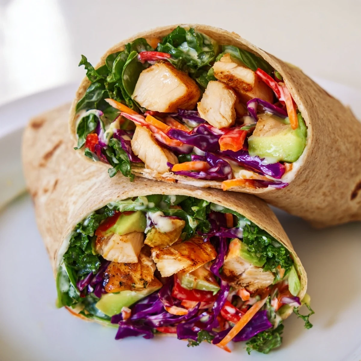 Close-up of Poppy-Inspired Chicken Salad Wraps, showing the filling's texture and fresh herbs on top.