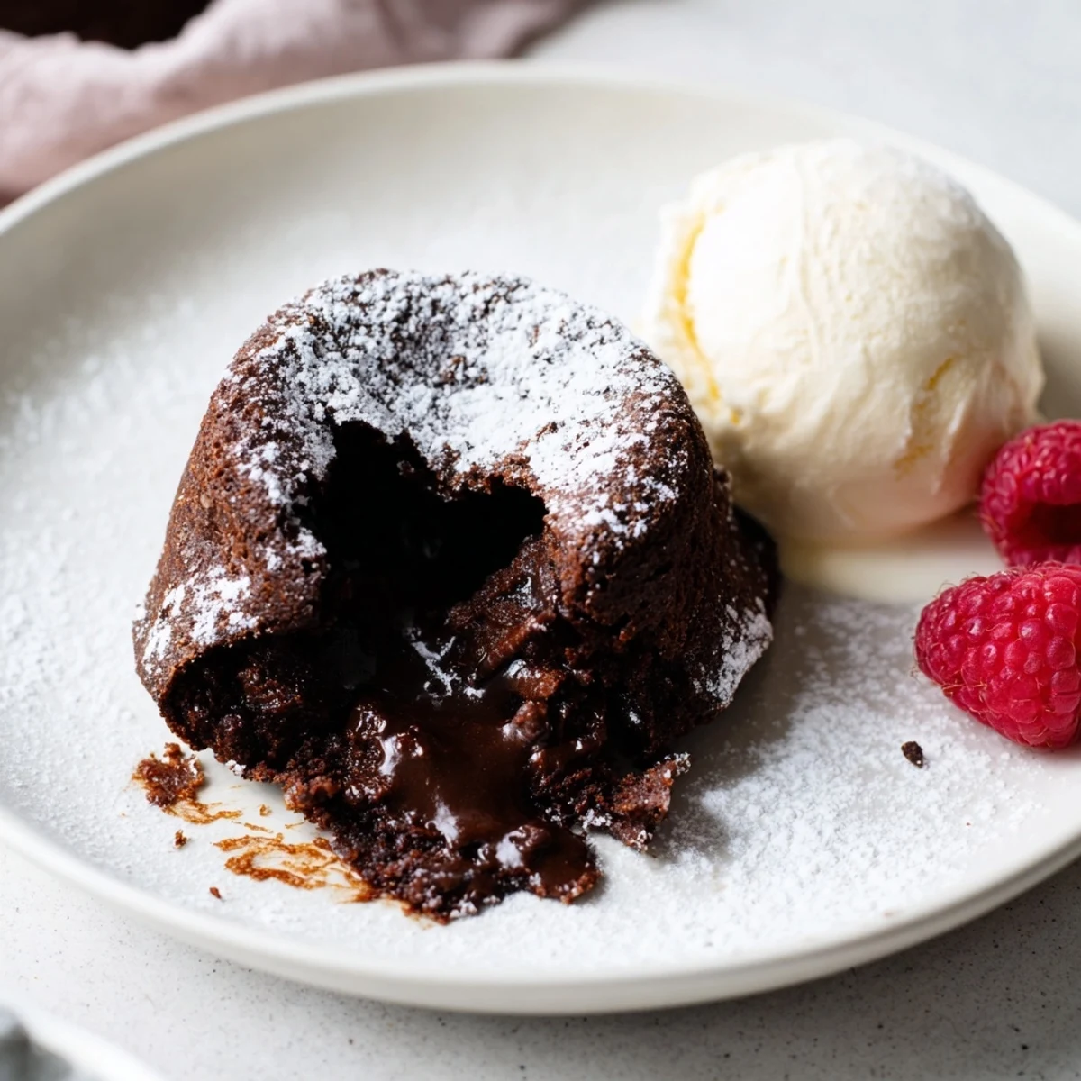 Warm dark chocolate lava cakes, oozing a rich, molten center, perfect alongside vanilla ice cream.