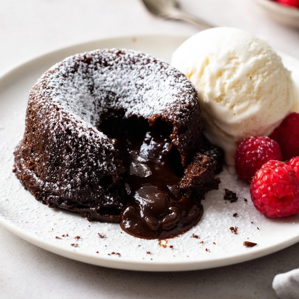Freshly baked cocoa-warm dark chocolate lava cakes, dusted with powdered sugar, ready to savor.
