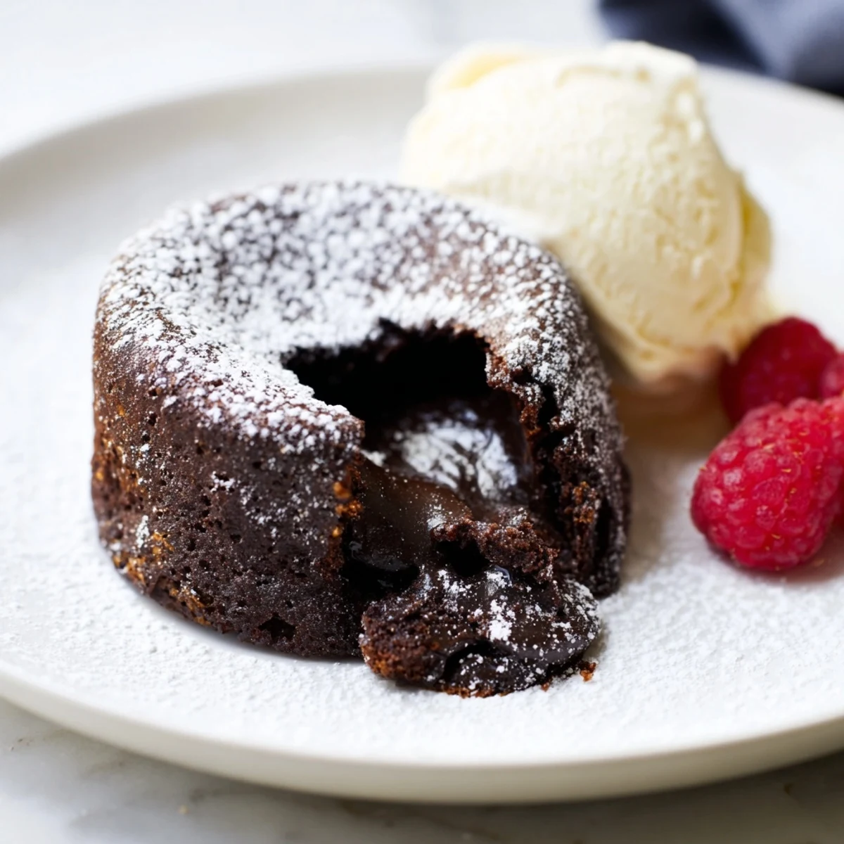 Close-up of a decadent dark chocolate lava cake, showcasing its flowing, delicious chocolate interior.