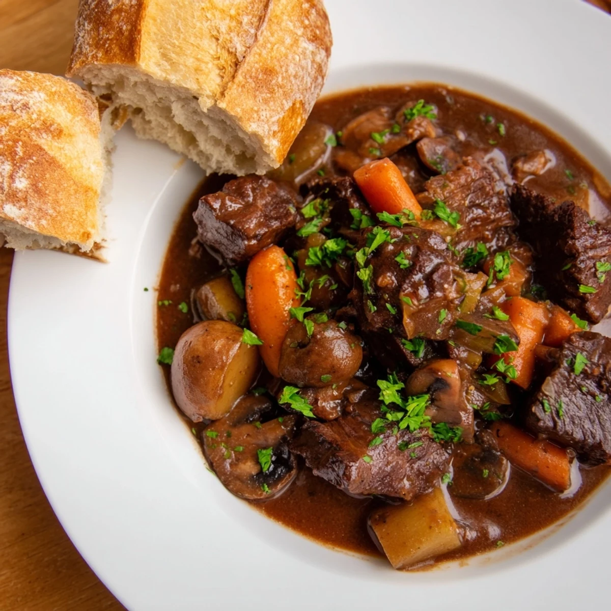 A steaming bowl of earthy beef stew beside a golden, crusty homemade bread loaf.
