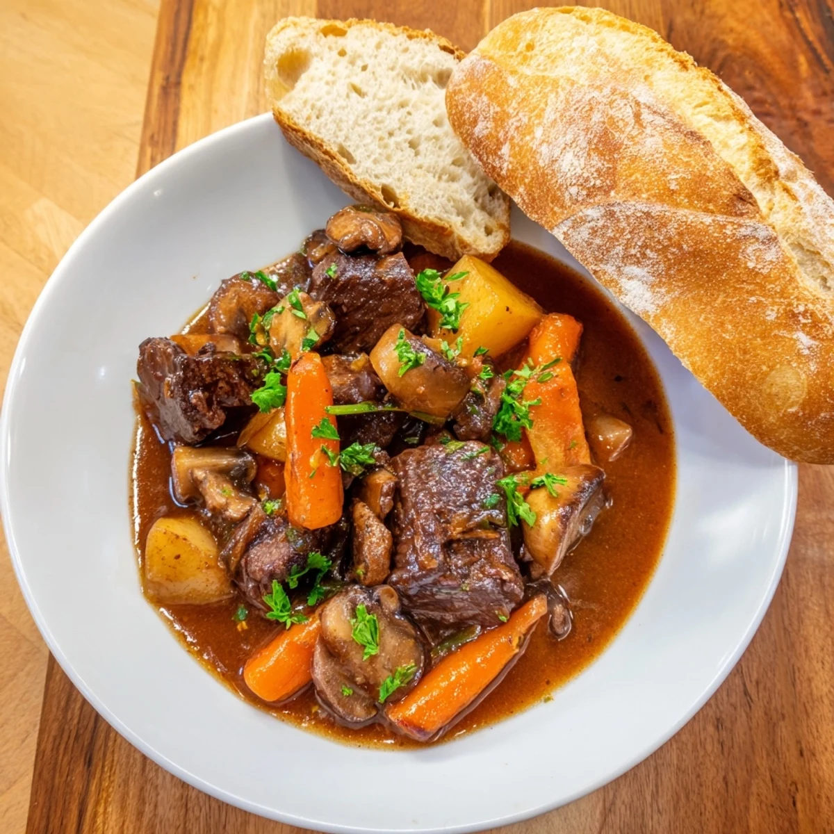 Hearty, aromatic earthy beef stew with vegetables, served with a fresh, warm homemade bread.