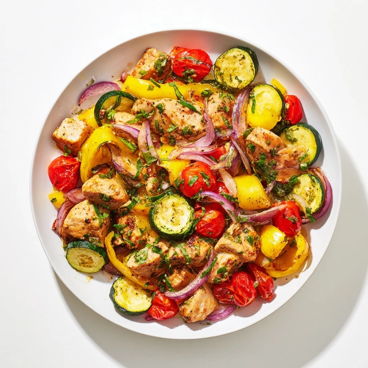 Tender Basil-Soft Chicken and Veggie Sheet Pan Dinner with roasted zucchini and bell peppers, a flavorful meal.