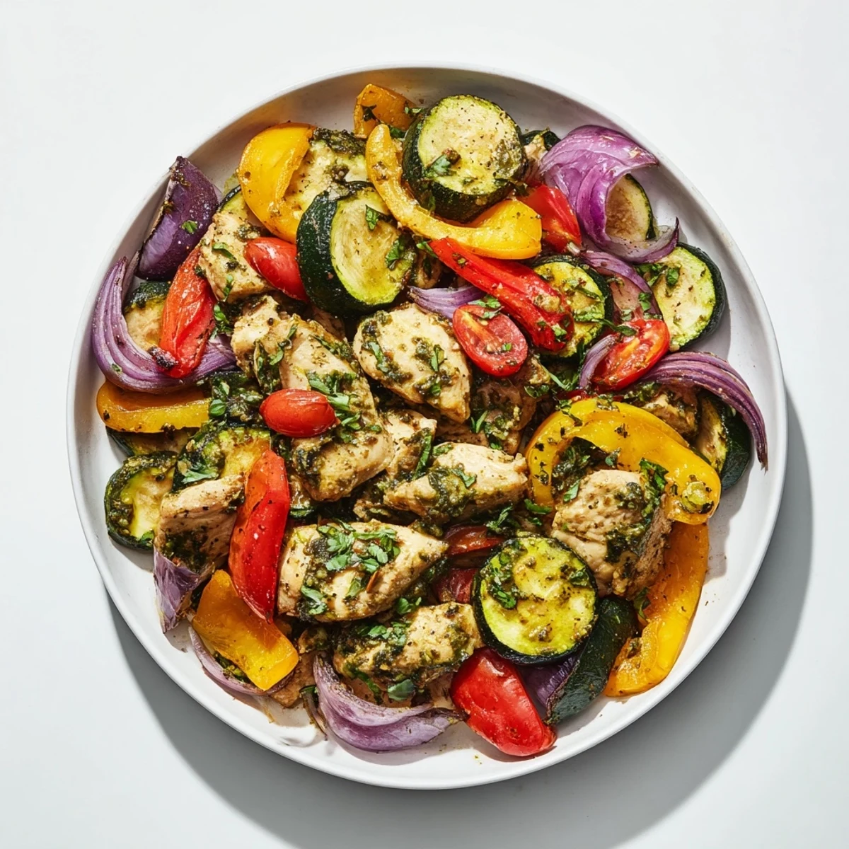 A sheet pan full of golden-brown Basil-Soft Chicken and Veggie Dinner, vegetables glistening, ready to eat alongside chicken.