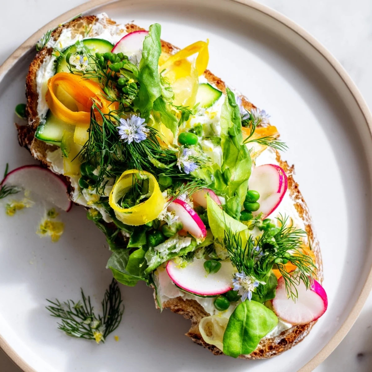 Fresh Meadow-Inspired Garden Vegetable Tartines: A colorful, open-faced veggie sandwich with creamy herbed cheese.