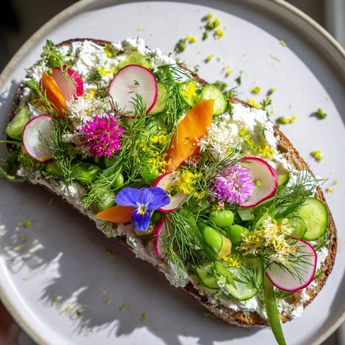 Enjoy delicious Fresh Meadow-Inspired Garden Vegetable Tartines: crunchy veggies, creamy cheese on golden, rustic bread slices.