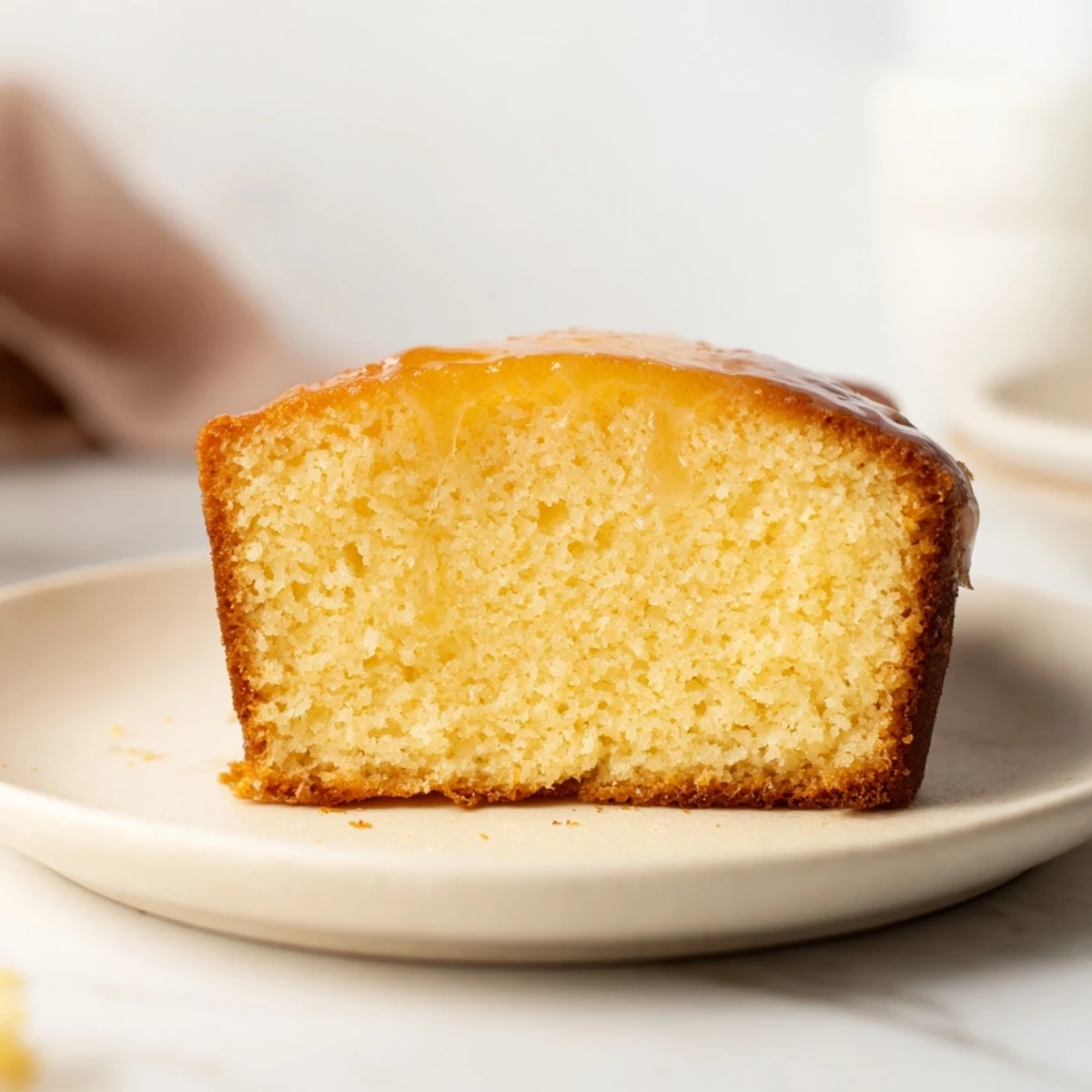 Golden slice of Honey Pound Cake, moist and golden, ready to enjoy with a cup of tea.