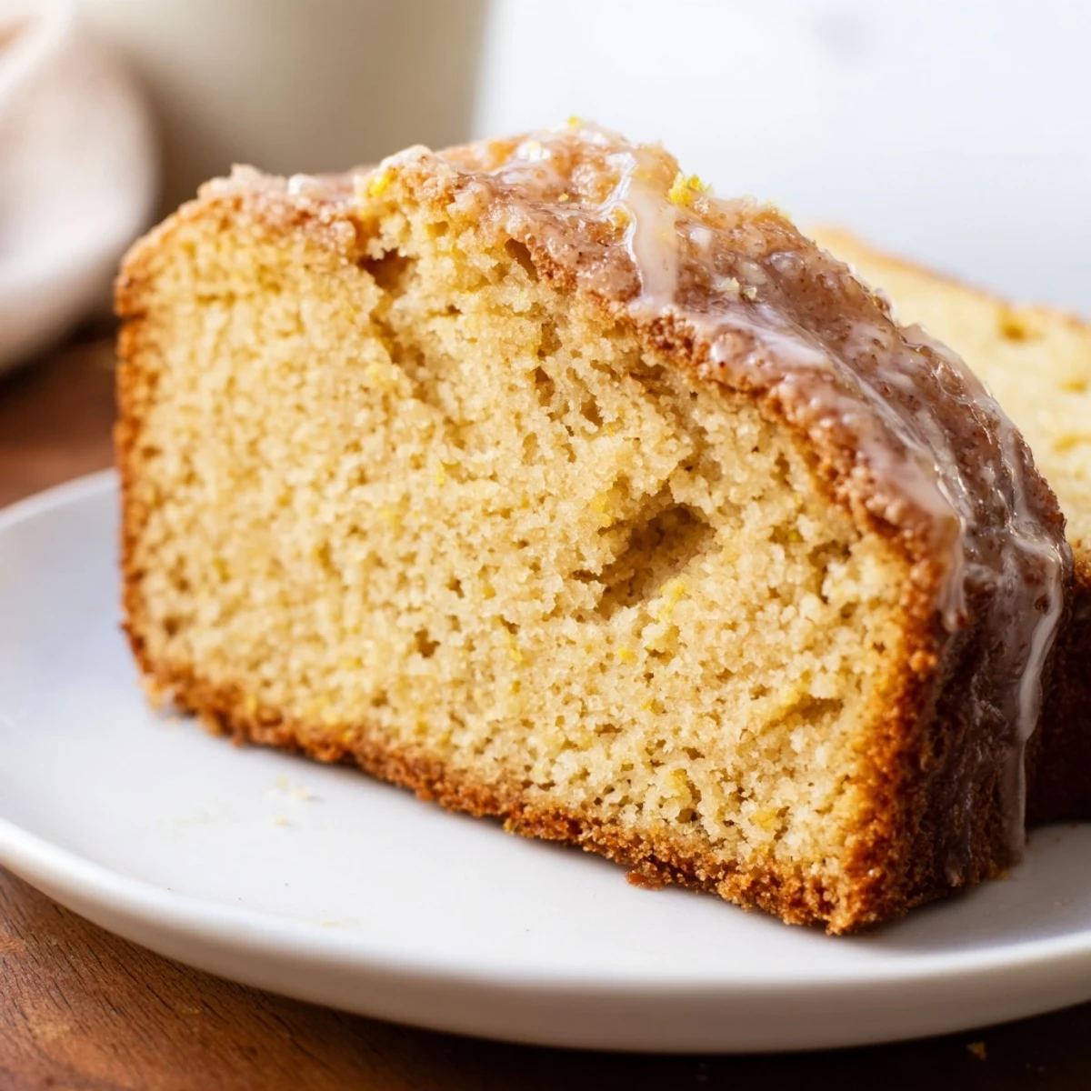 A close-up of a beautifully glazed Honey Pound Cake, showcasing its tender, airy crumb texture.