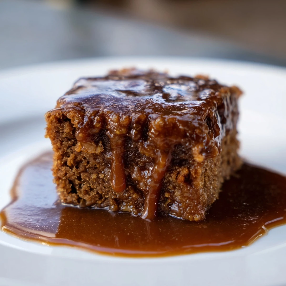 Warm Weekend Cabin-Style Sticky Toffee Pudding drizzled with shimmering, glossy toffee sauce.