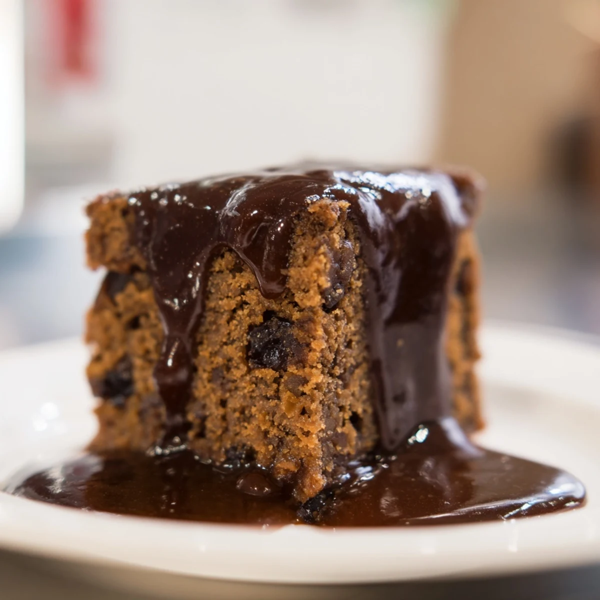 Golden brown Weekend Cabin-Style Sticky Toffee Pudding with visible date pieces, served warmly with extra sauce.