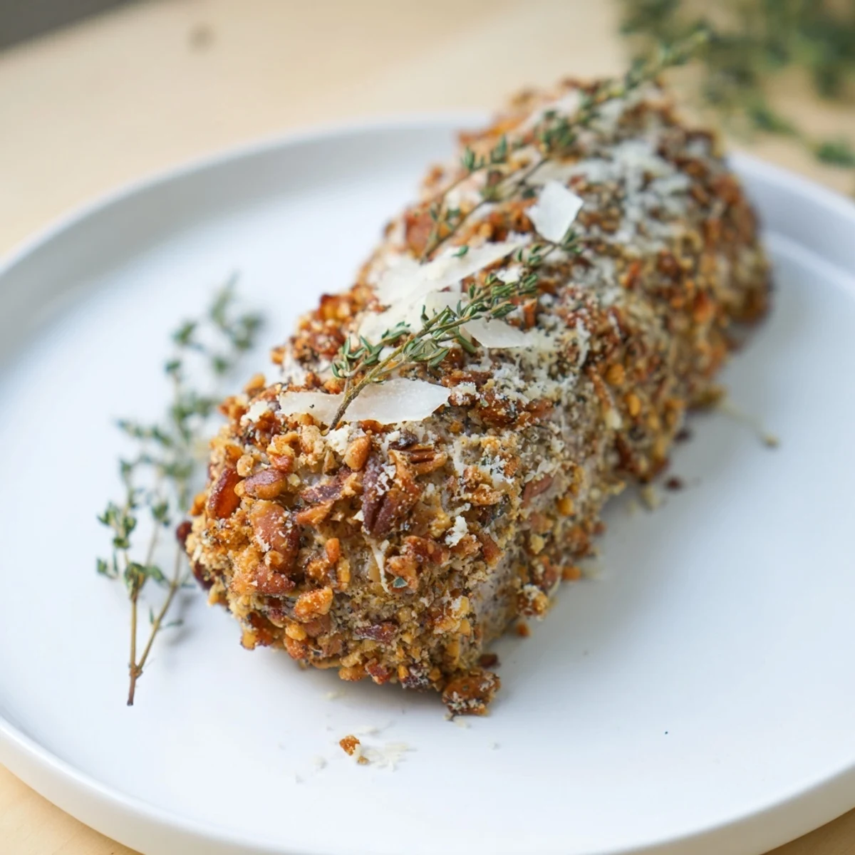 Thyme and Pecan Crusted Pork Tenderloin, golden-brown and ready to slice for a delicious family meal.