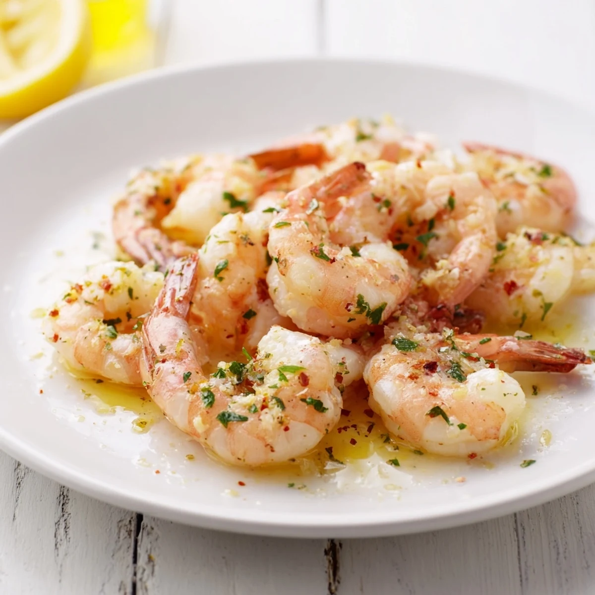 Light & Bright Lemon Herb Shrimp Scampi, beautifully plated, showcasing the zesty lemon sauce and herbs.