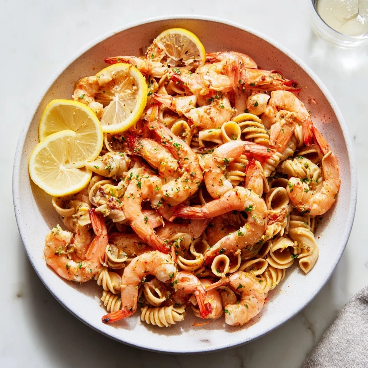 Vibrant bowl of Light & Bright Lemon Herb Shrimp Scampi, garnished with lemon wedges, ready to eat.