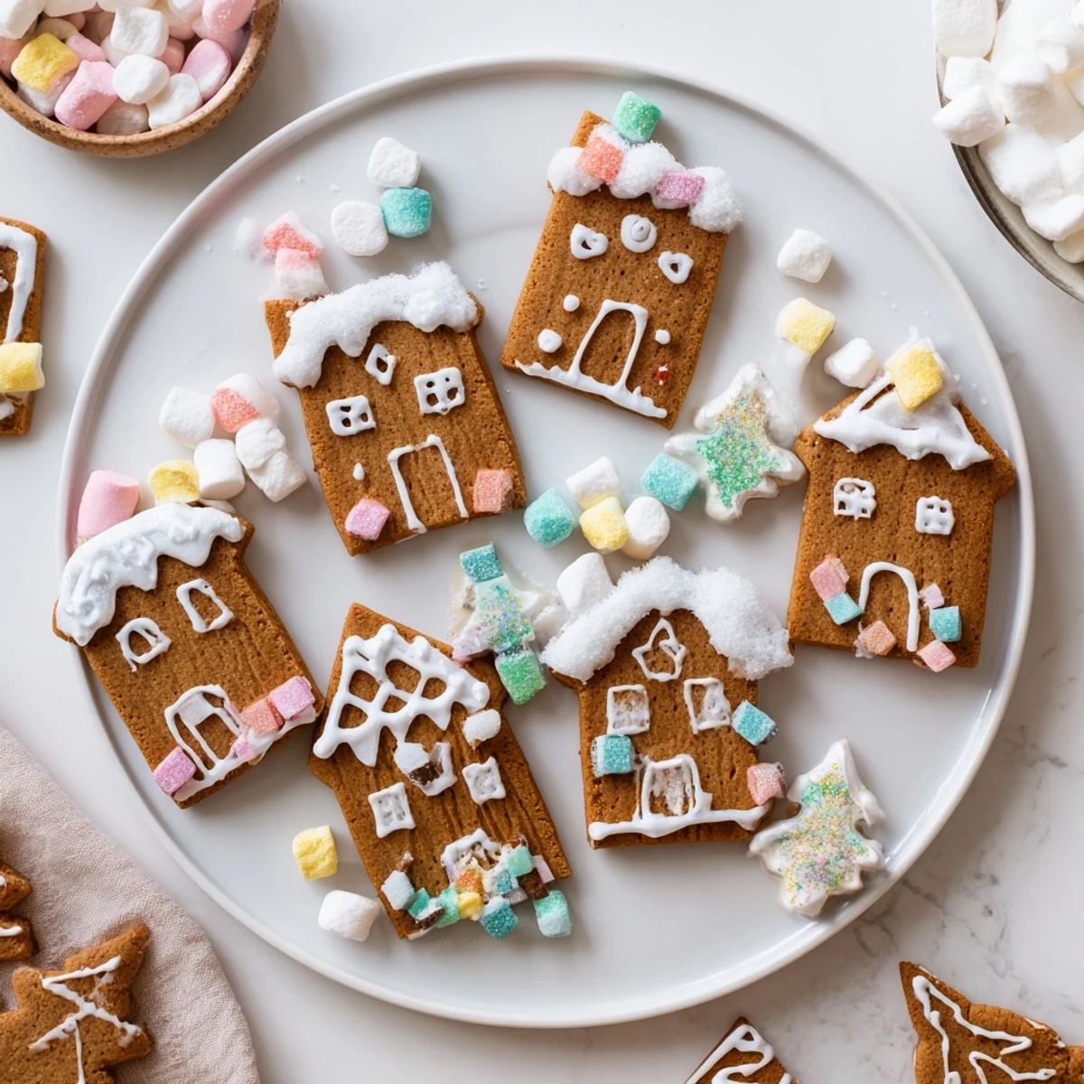 Homemade Gingerbread Village dessert spread displayed: Gingerbread cookies, candies, and colorful icing creations for all.