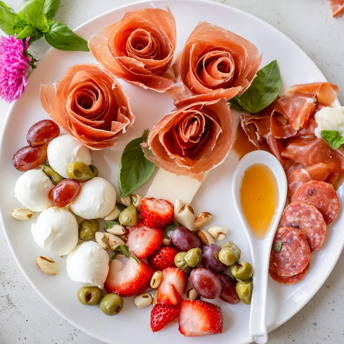 Prosciutto Rose Bouquet Board: See the beautiful arrangement of meats, cheeses, and fruits ready to serve.