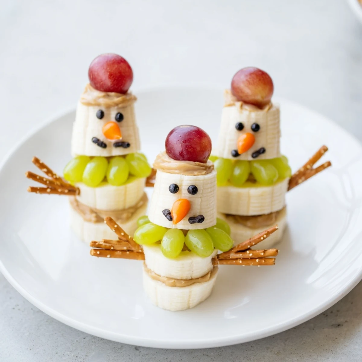 Adorable Banana Peanut Butter Snowmen are playfully decorated with a pretzel arm and a berry hat for snack time.