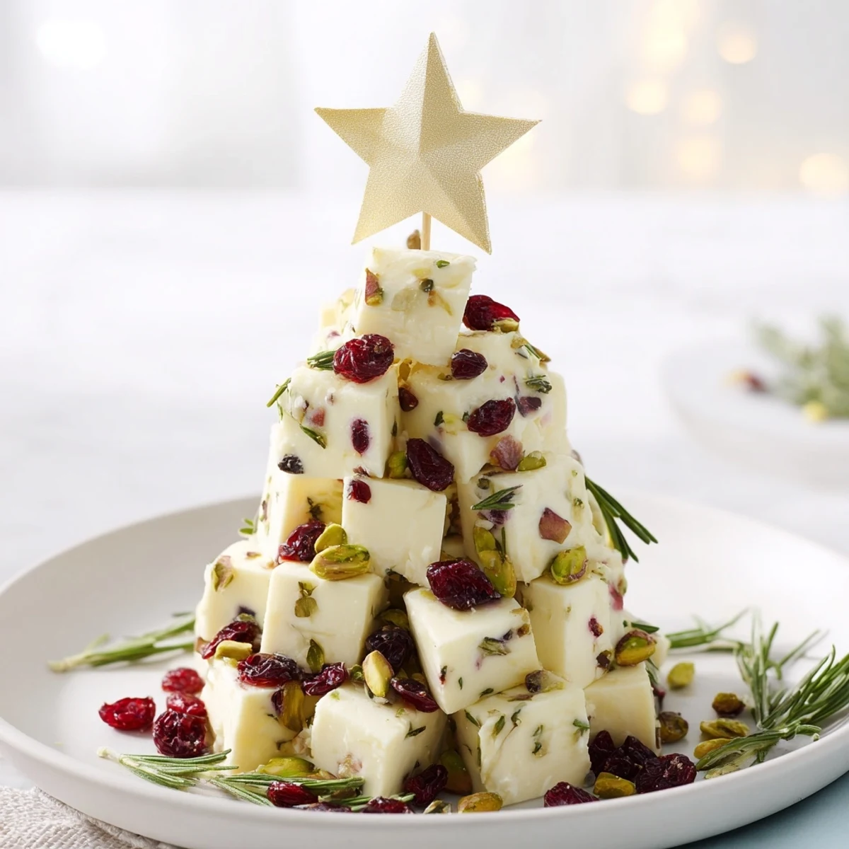 Festive Cranberry White Cheddar Tree appetizer piled high with red cranberries and green rosemary.