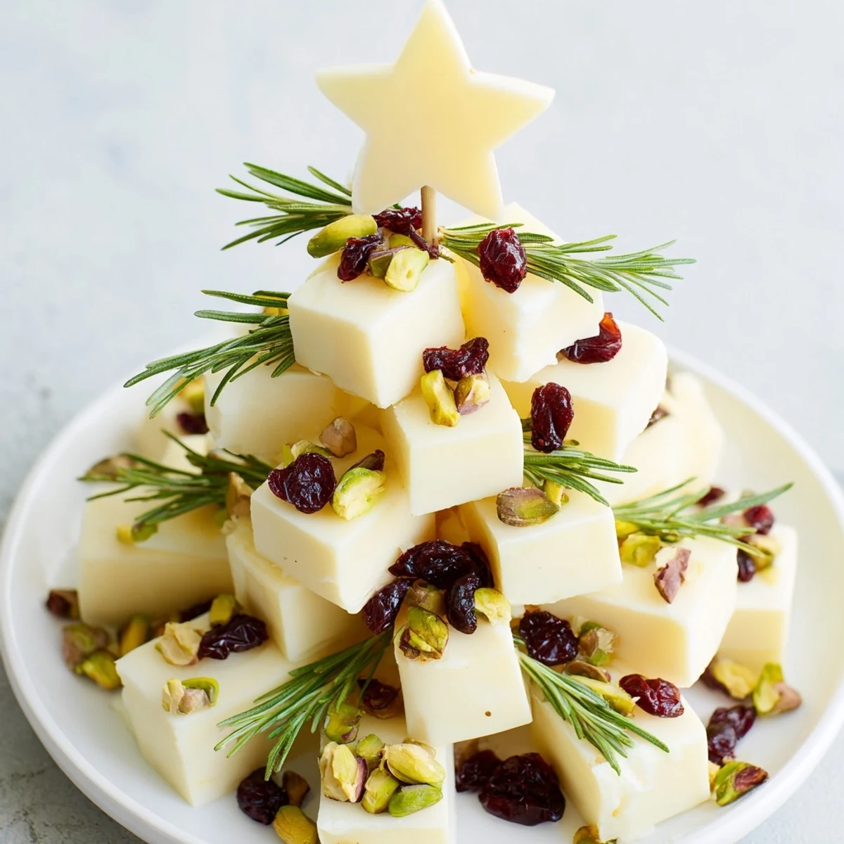 Enjoy a holiday Cranberry White Cheddar Tree with crunchy pistachios and fresh rosemary sprigs.
