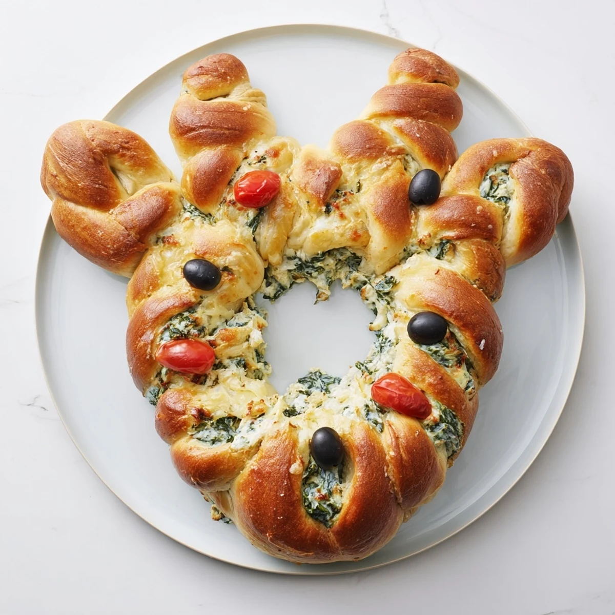 Golden baked Reindeer Antler Spinach Dip Ring, a pull-apart bread perfect for a holiday appetizer.