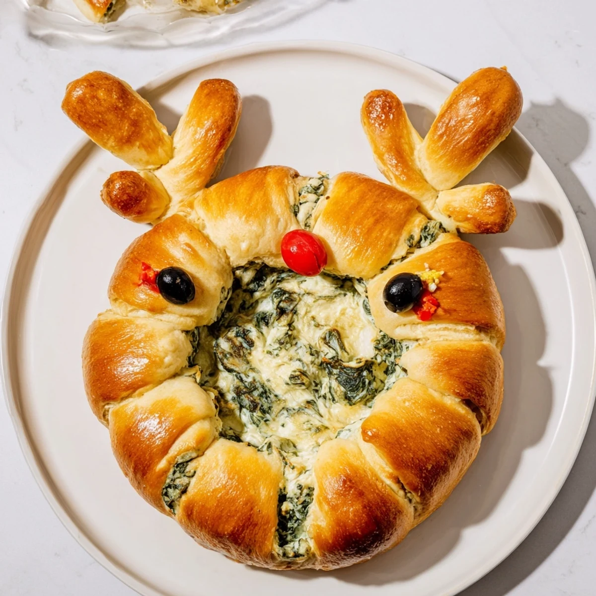 A festive Reindeer Antler Spinach Dip Ring boasts a delightful, creamy dip inside to enjoy.