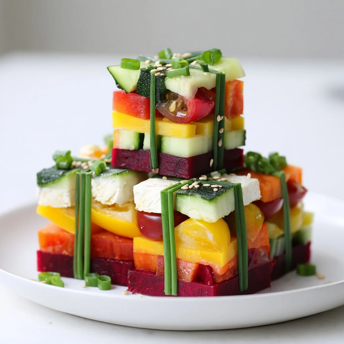 Delightful Stacked Gift Box Veggie Cubes showcasing colorful vegetable cubes and feta, ready to serve and enjoy.