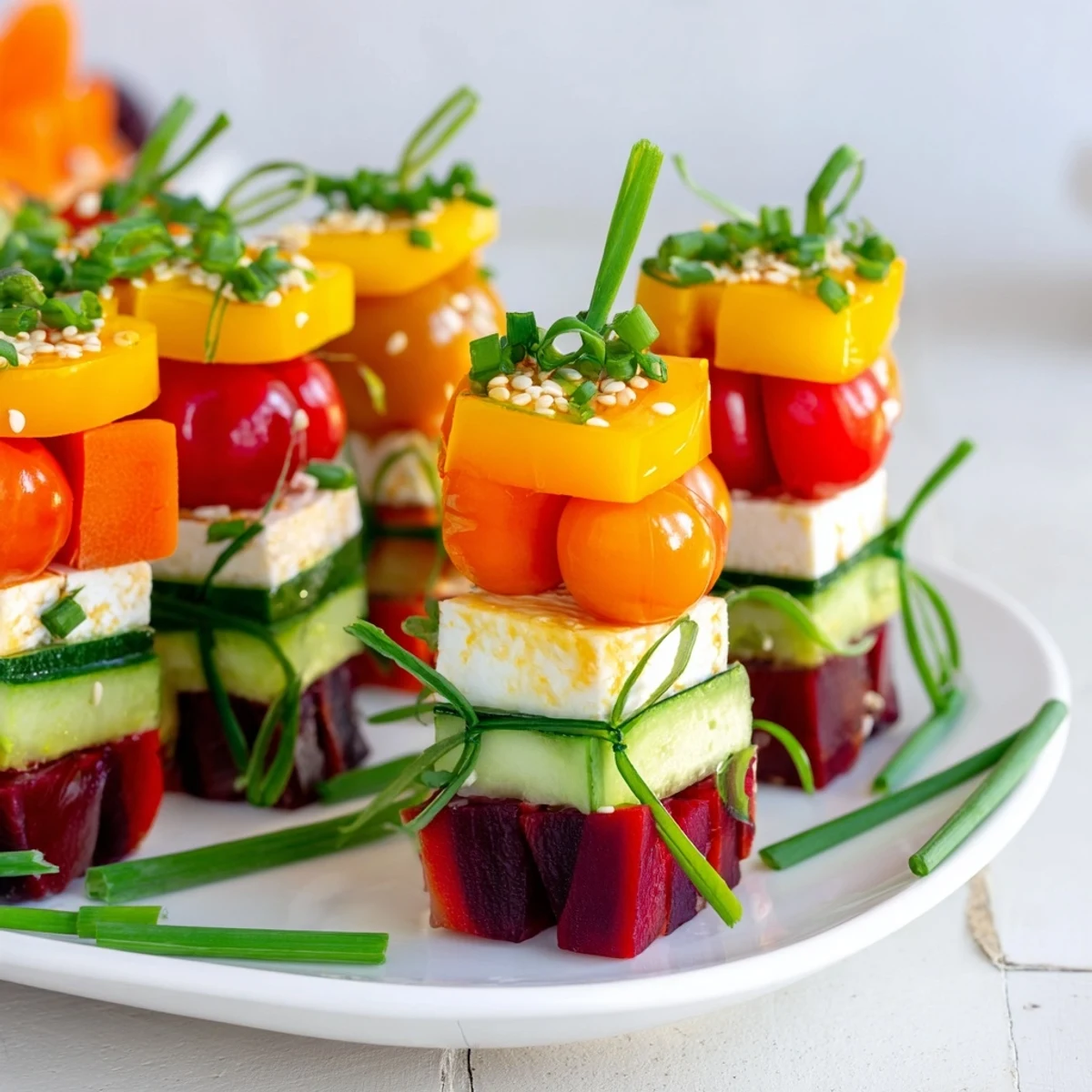 Vibrant Stacked Gift Box Veggie Cubes, colorful cubes perfect as a fresh, healthy party appetizer.