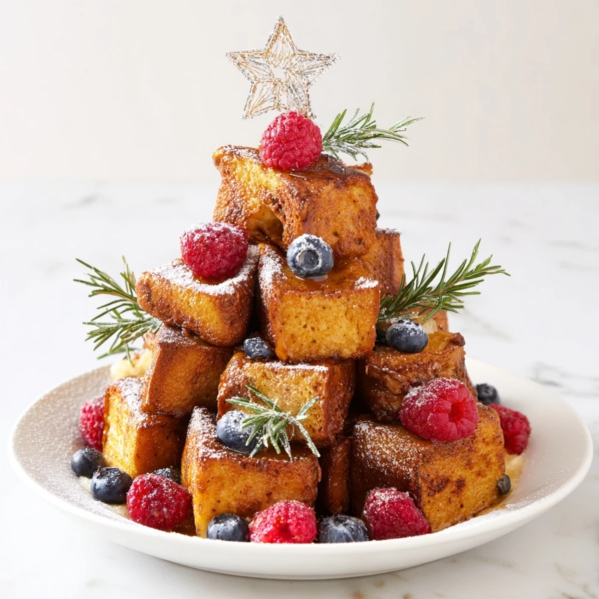 Golden-brown Eggnog French Toast Bites shaped into a festive Christmas tree, ready to eat.