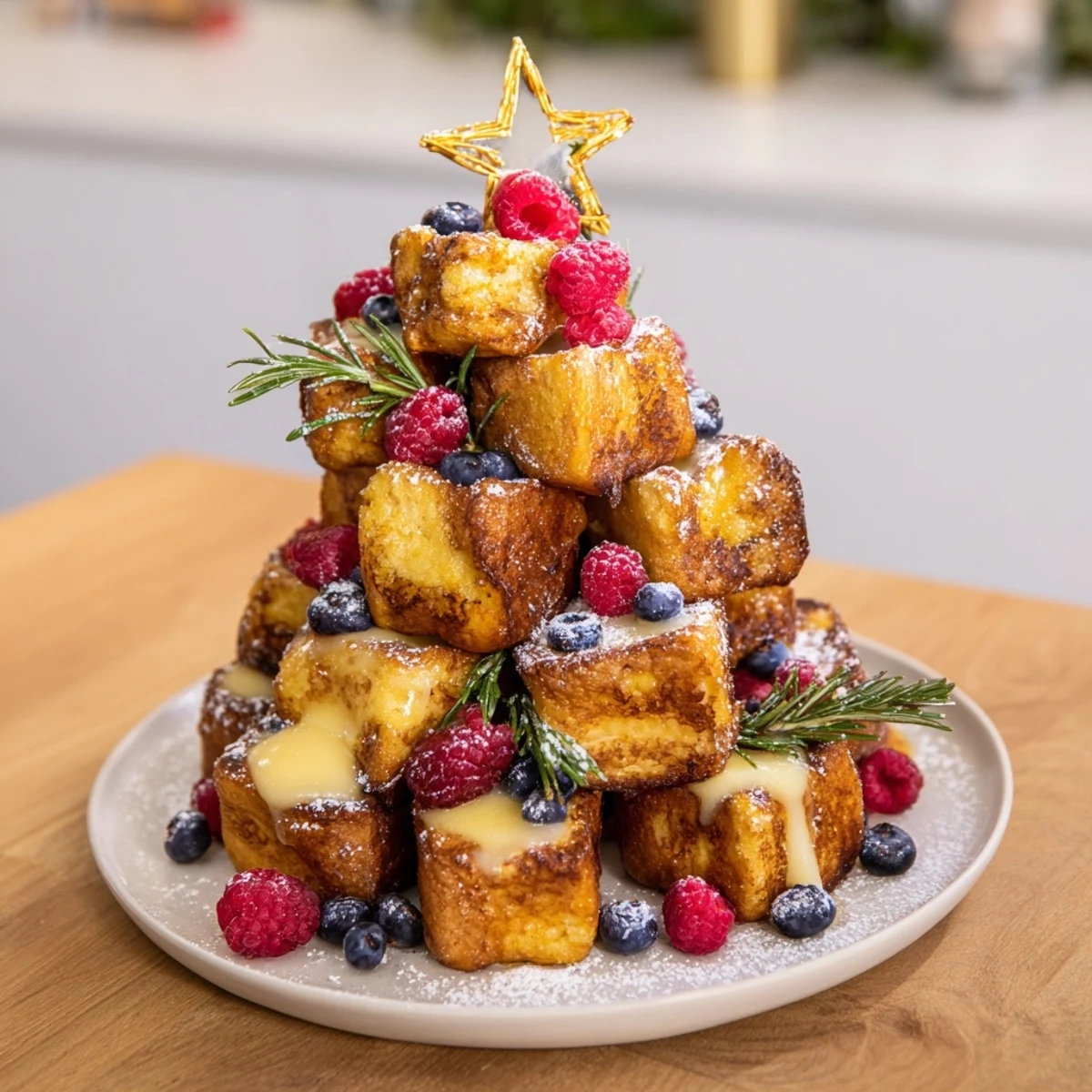 Warm, cinnamon-kissed Eggnog French Toast Bites, piled high and decorated with snowy powdered sugar and berries.